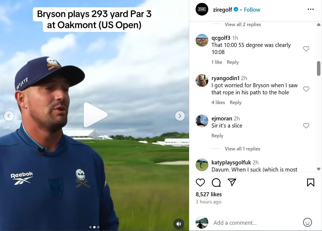 Fans comment under Bryson DeChambeau's play at Oakmont (Image Credit: via IG @Ziregolf)